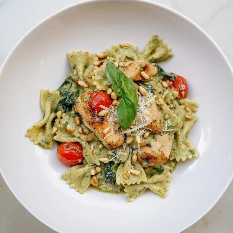 Golden chicken pieces mingle with bowtie pasta and rich pesto sauce in this flavorful Pesto Chicken pasta.