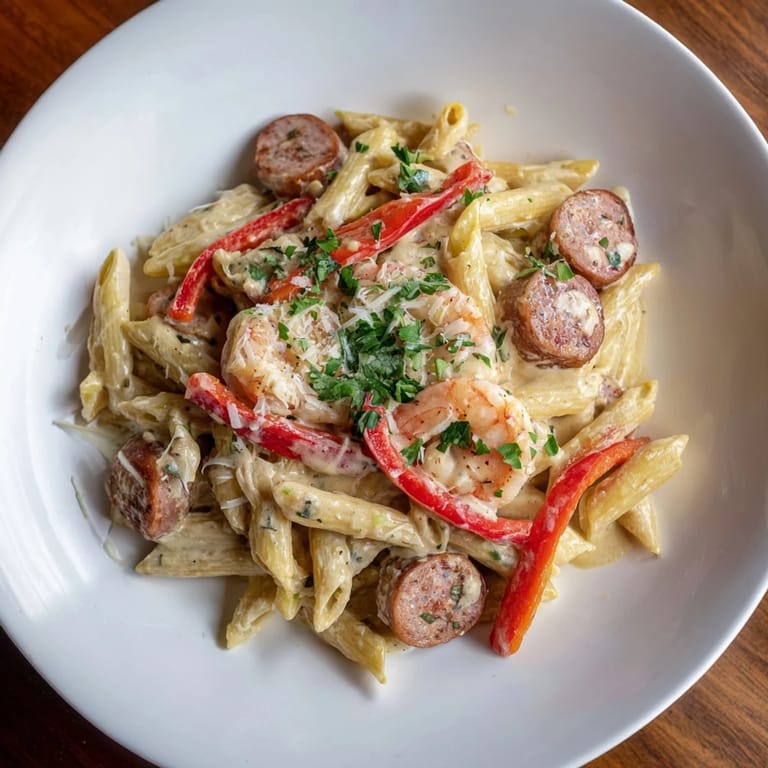 This flavorful Cajun Sausage & Shrimp Alfredo Pasta Skillet features tender shrimp and pasta, smothered in creamy Alfredo.