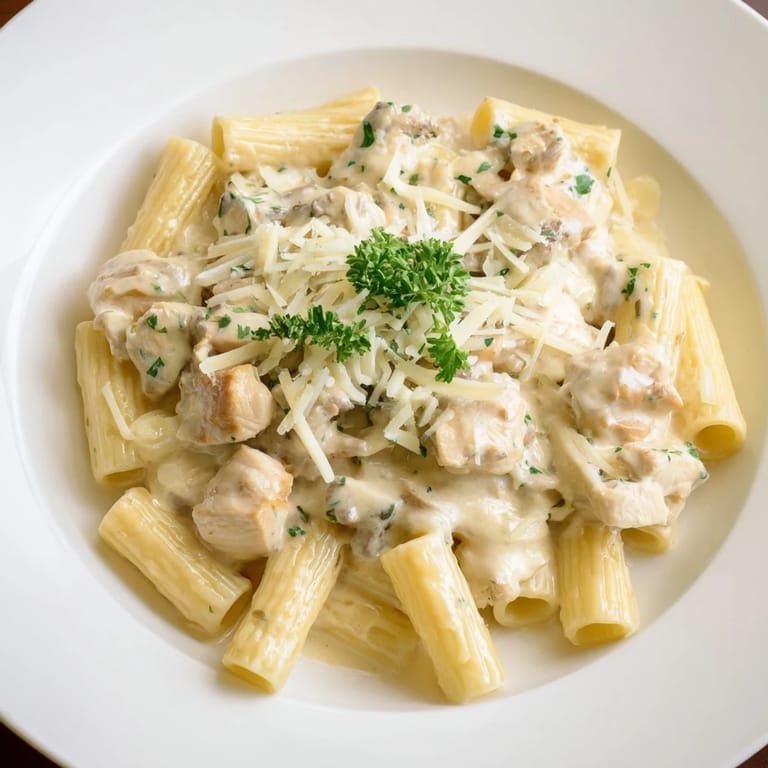 Spoonful of Creamy Garlic Parmesan Chicken Rigatoni: tender chicken and pasta coated in a cheesy sauce.