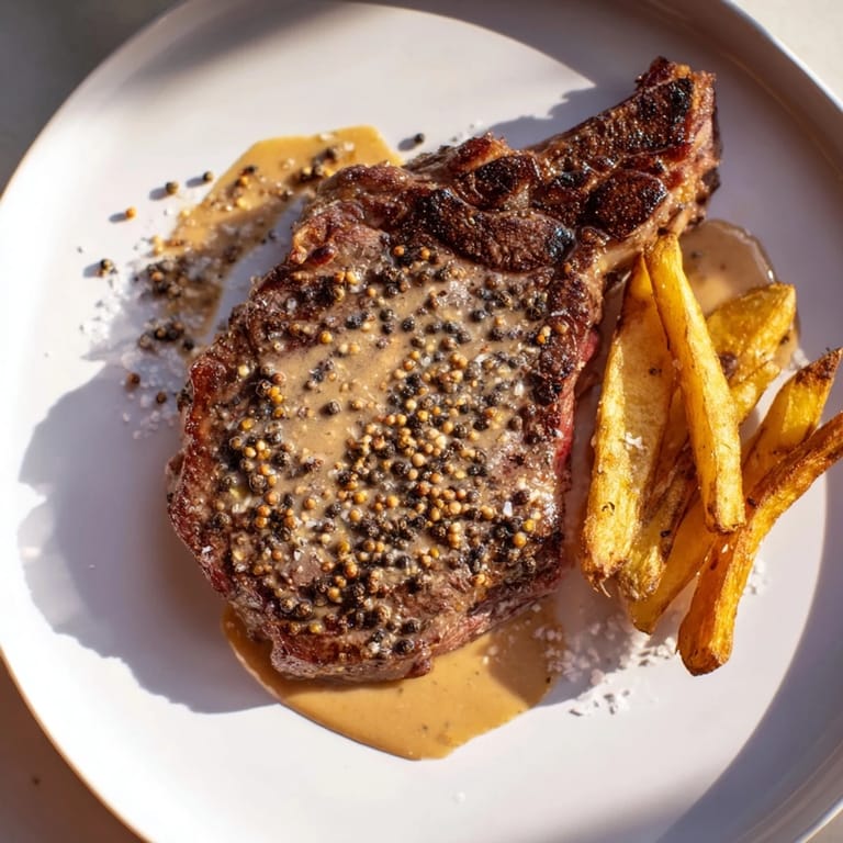 Perfectly cooked Classic Peppercorn Ribeye with a flavorful peppercorn sauce and side of perfectly fried potatoes.