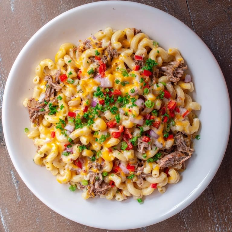 This savory BBQ Rib Macaroni Skillet features a cheesy topping surrounding the saucy rib pasta.