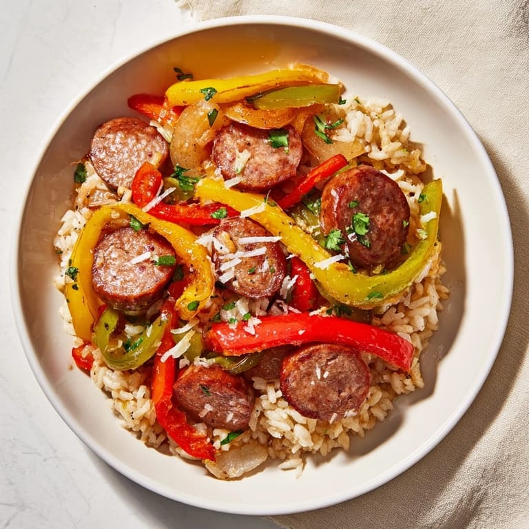 Fragrant Italian Sausage & Peppers Rice Plate, steaming hot with bell peppers and tender Italian sausage slices.