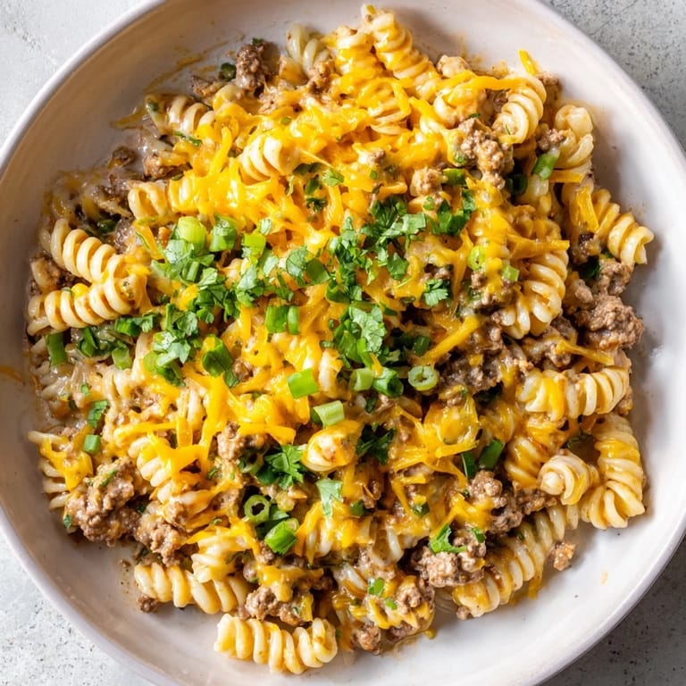 A comforting, creamy bowl of Cheesy Taco Pasta Skillet with colorful diced tomatoes and cilantro.