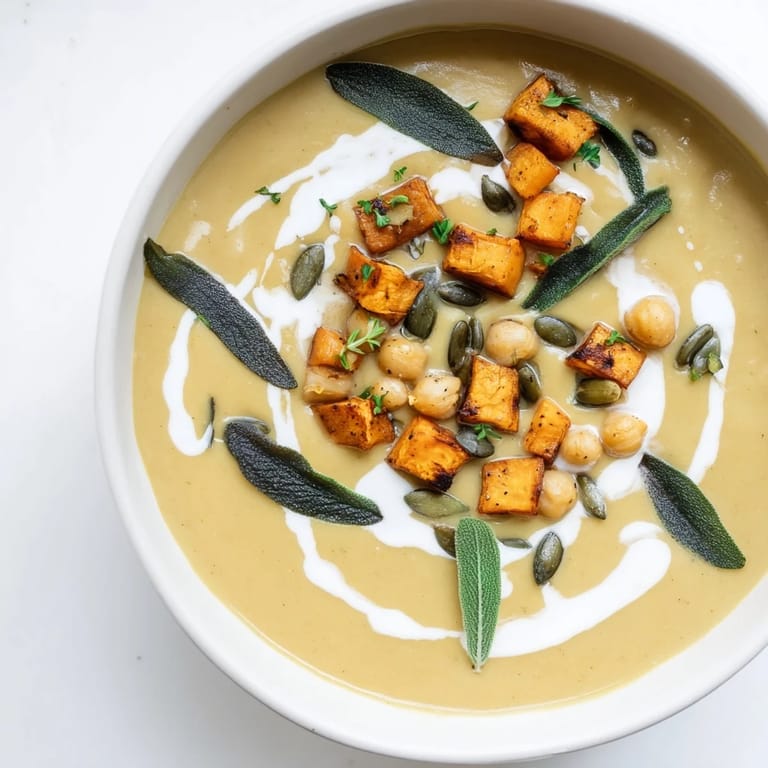 Golden-hued Chickpea, Pumpkin & Sage Soup, showcasing roasted pumpkin and the aromatic sage throughout.
