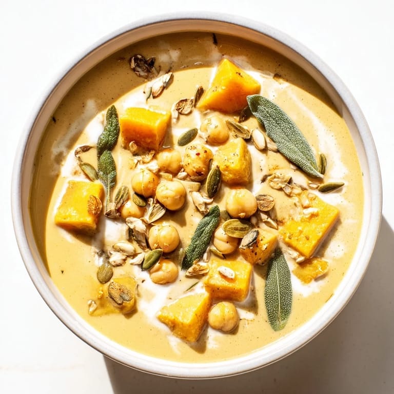 A steaming bowl of Chickpea, Pumpkin & Sage Soup garnished with toasted pumpkin seeds, ready to eat.