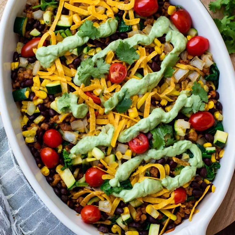 Steaming hot, filling bowl of Veggie-Packed Taco Skillet with fresh cilantro and a lime wedge.