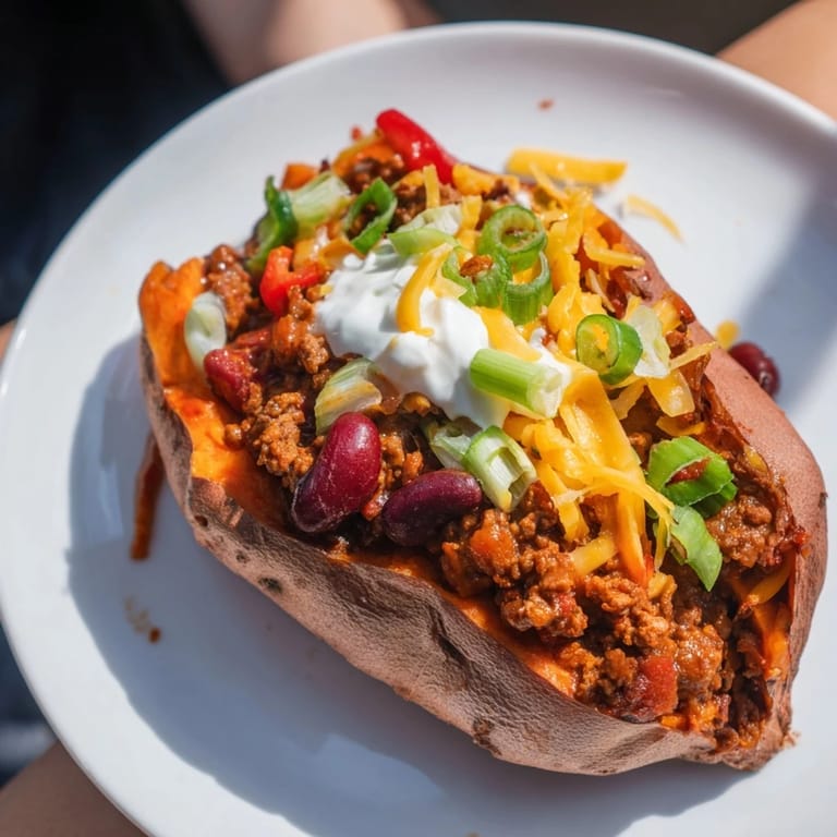 A delightful close-up of baked sweet potato stuffed with chili, garnished, with vibrant colors and textures.