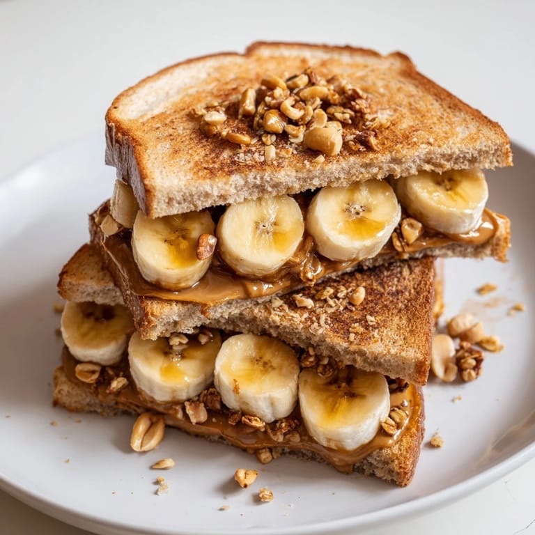 Close-up of a stacked peanut butter and banana sandwich upgrade, showcasing textured toppings and fresh banana slices.