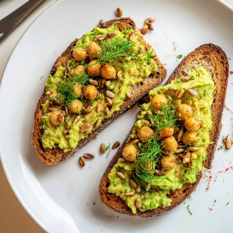 A close-up of Avocado Toast with Chickpeas & Herbs, showing fresh herbs sprinkled on top, ready to eat.