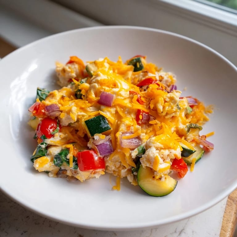 Fluffy eggs and savory roasted vegetables create a flavorful Egg & Veggie Sheet Pan Scramble, perfect for a hearty meal.