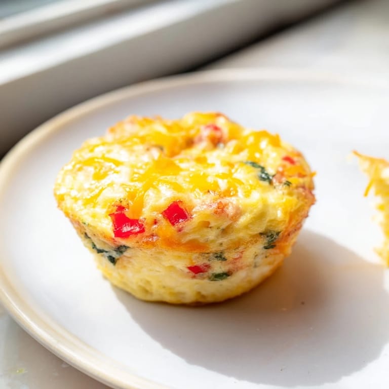 Fluffy baked One-Pot Breakfast Casserole Muffins showing colorful bell peppers and melted cheddar cheese topping them.