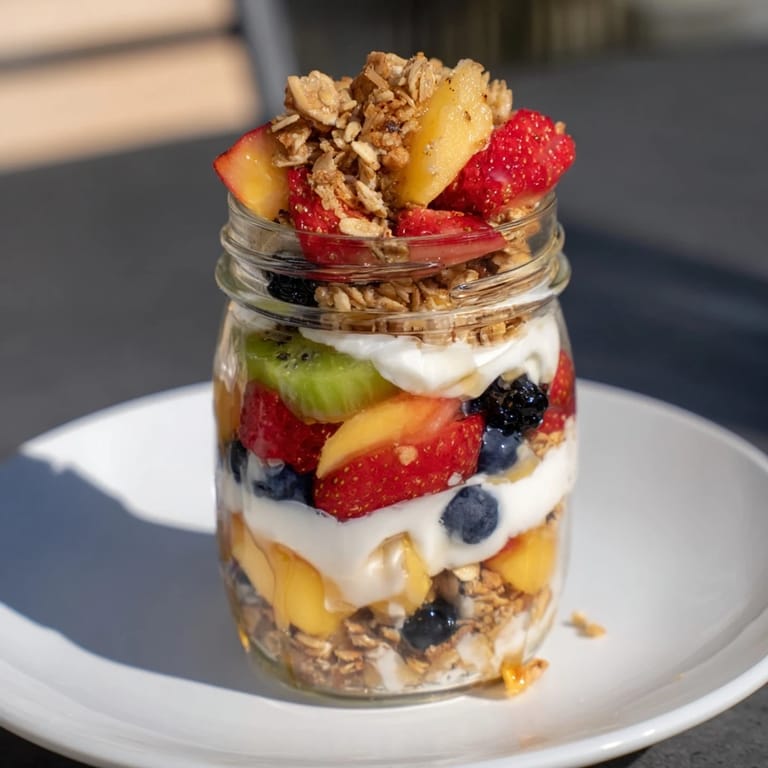 Enjoy a colorful yogurt parfait topped with seasonal berries and golden granola, ready in minutes.