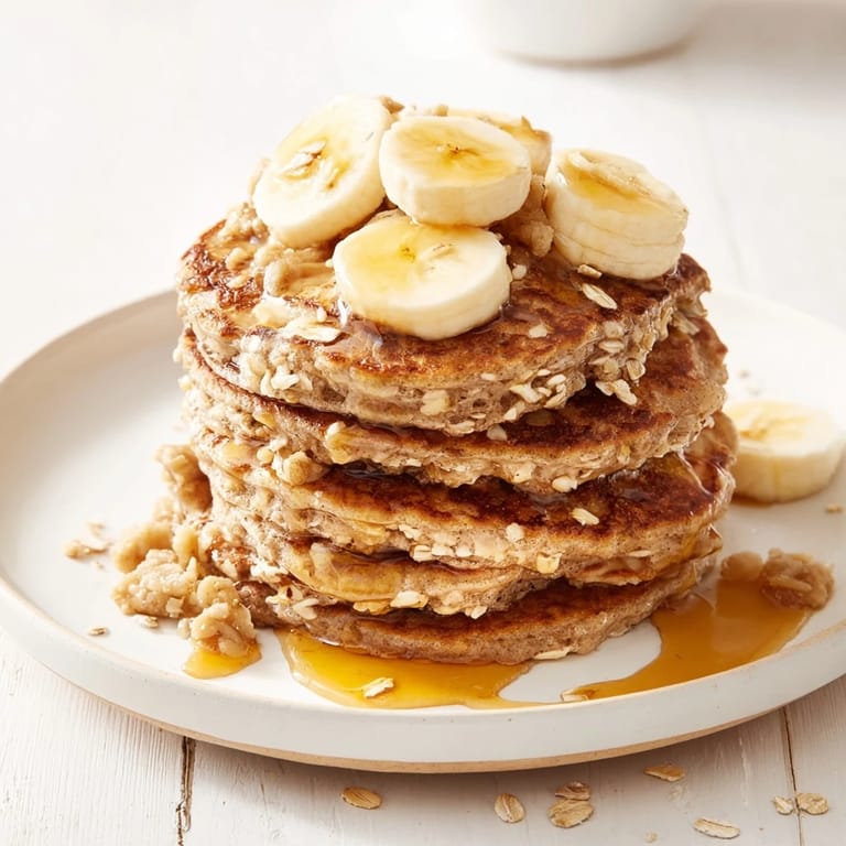 Warm, comforting shot: Fluffy homemade Banana Oat Pancakes ready to be enjoyed with family.