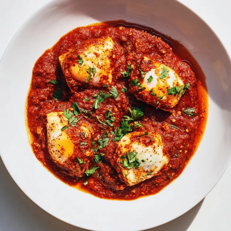 Delicious baked eggs nestled in rich tomato sauce, garnished with fresh herbs, served alongside crusty bread.