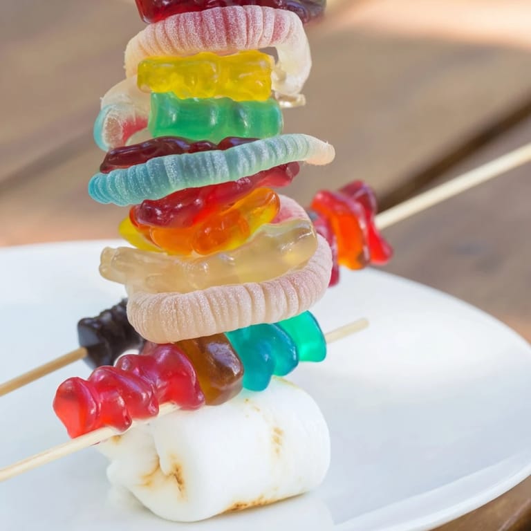 A close-up of delicious gummy candy kabobs, perfect skewers packed with chewy, fruity delights.