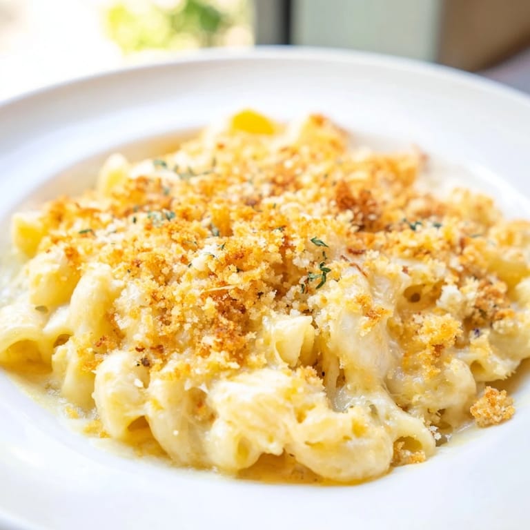 A close-up of creamy, irresistible Baked Macaroni and Cheese showcasing bubbly, golden breadcrumb topping.
