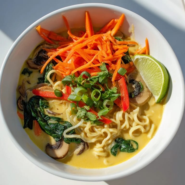 Creamy coconut milk Curry Ramen, filled with colorful vegetables, is a flavorful and warming meal.