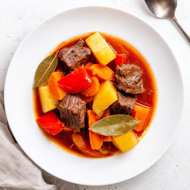 Tender beef and vegetables: a close-up of the rich Smoked Paprika & Garlic Beef Stew simmering.