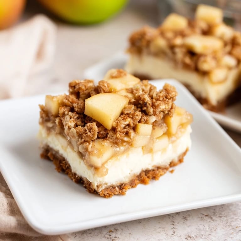 Deliciously layered Apple Crisp Cheesecake Bars with a golden oat topping, perfect for sharing and enjoying.