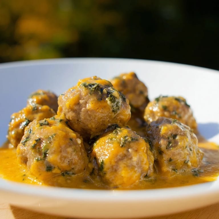 These hearty Easy Turkey Meatballs in Pumpkin Sage Sauce are served with a garnish of fresh sage.
