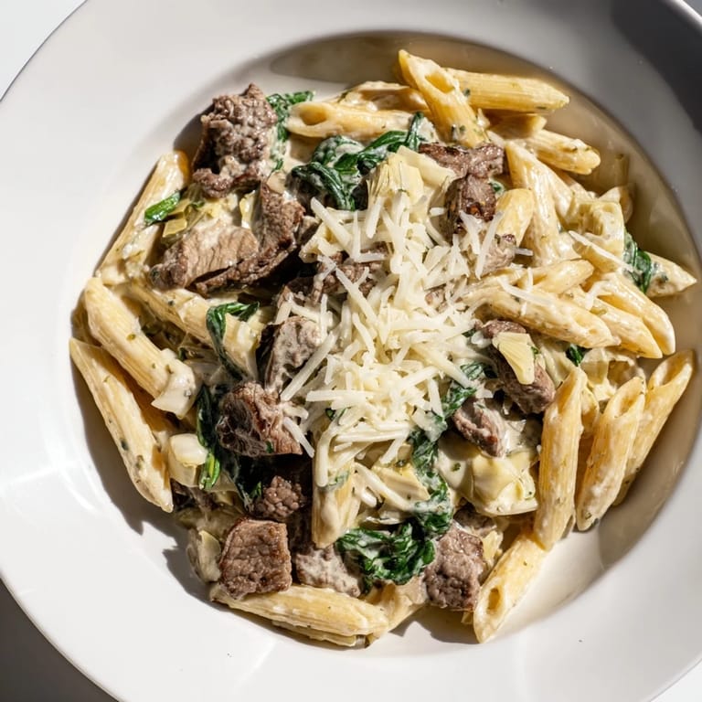 Tender steak and artichokes combine in this delicious Steak & Spinach Artichoke Pasta Bake, perfect dinner idea.