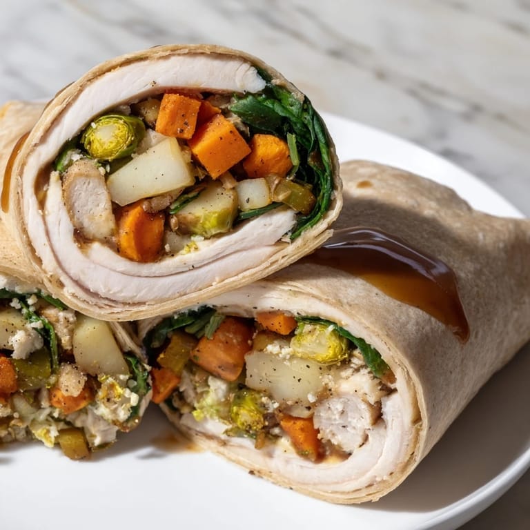 A close-up shot of a Simple Christmas Leftover Wrap, filled with savory turkey and stuffing, ready to eat.