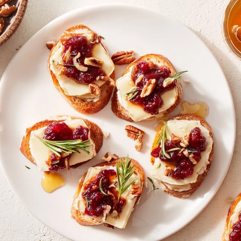 Close-up of Quick Cranberry Brie Crostini, featuring creamy Brie, tangy cranberries, and fresh rosemary sprigs.