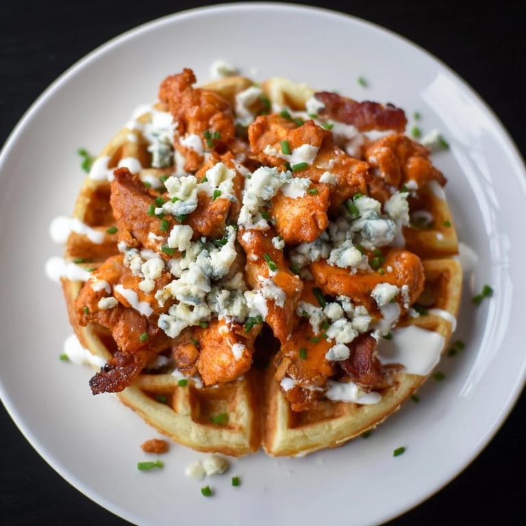 Savory and spicy Crispy Buffalo Chicken and Bacon Waffle Bites ready to be devoured, with blue cheese and chives.
