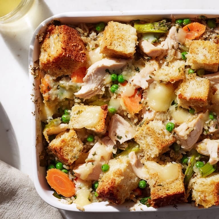A steaming bowl of Chicken and Wild Rice Bake, with visible chunks of chicken and vegetables.