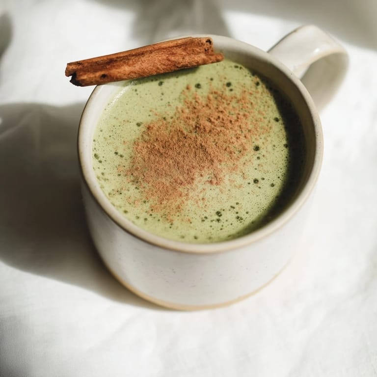 A warm mug of Maple Cinnamon Gingerbread Matcha Oat Latte, perfect for a chilly morning.