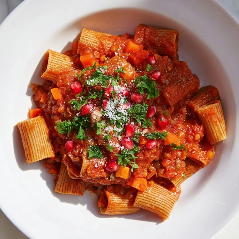 A rich and flavorful High-Fiber Lentil Bolognese, perfect for a cozy Christmas dinner.