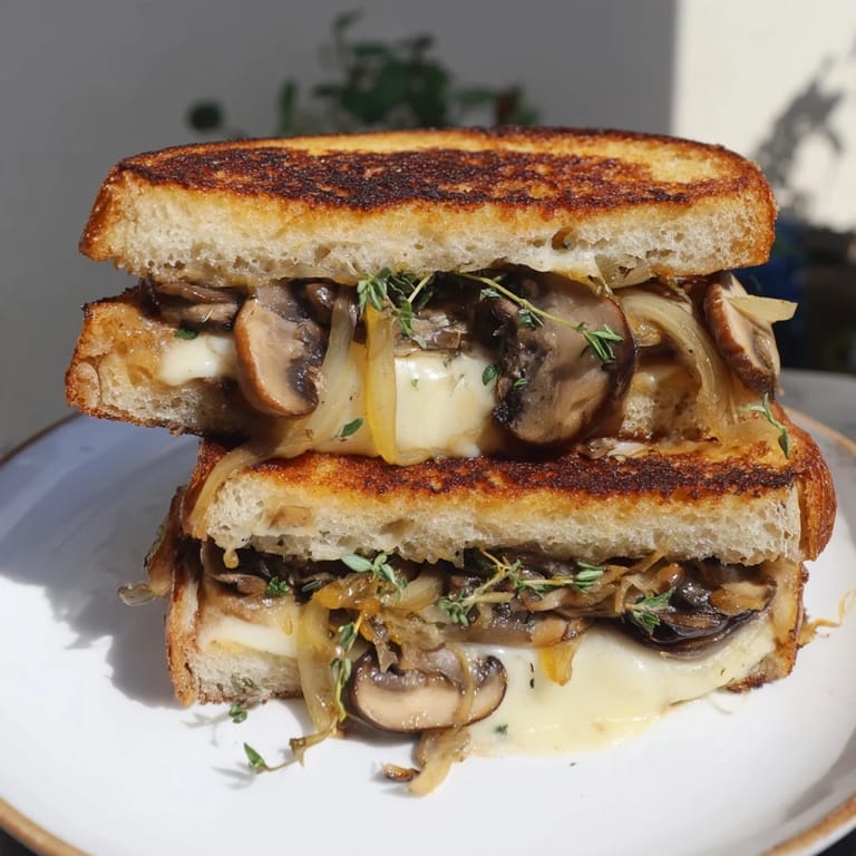 A close-up of a crispy Roast Garlic Mushroom & Thyme Grilled Cheese, featuring savory mushrooms and herbs.