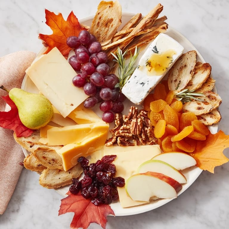 A beautifully arranged Autumn Leaf Cheese Platter features wedges, slices, and grapes ready for guests to enjoy.
