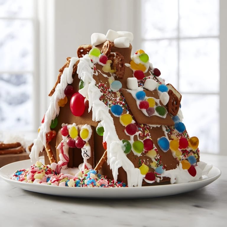 A fully assembled gingerbread house, part of the decorating kit, ready to be enjoyed during the holidays.