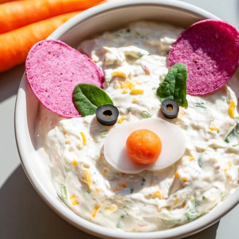 Freshly made Piggy Face Dip, a delightful farm-themed appetizer, ready to serve with dippable vegetables.