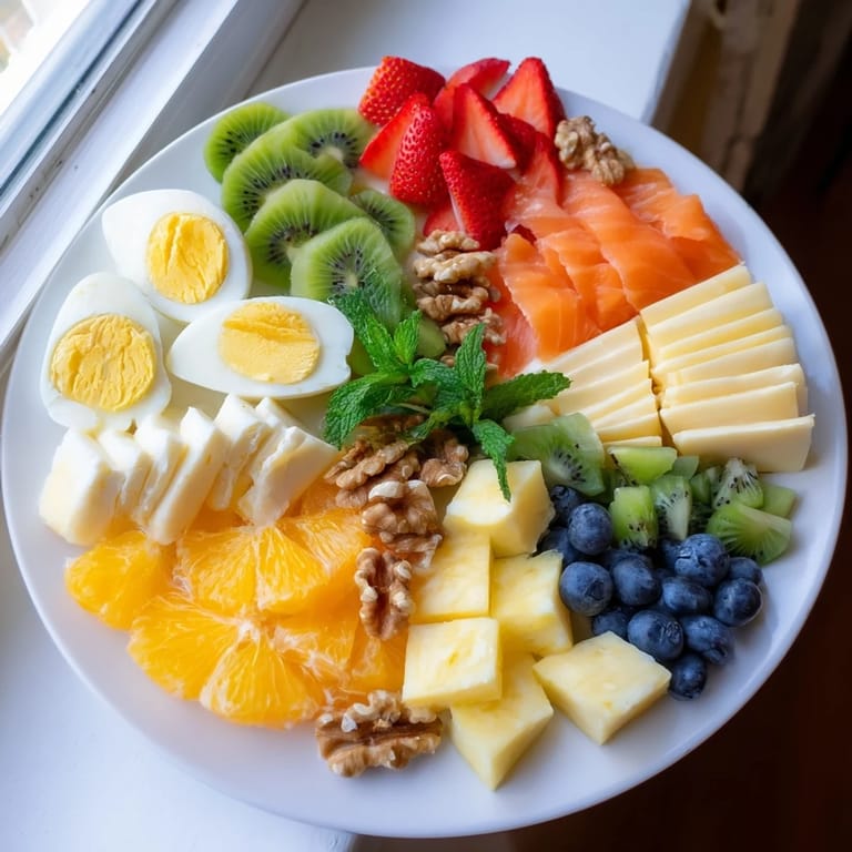Vibrant Good Morning Sun breakfast board arranged with fresh fruit, cheeses, and a variety of breads, perfect for brunch.