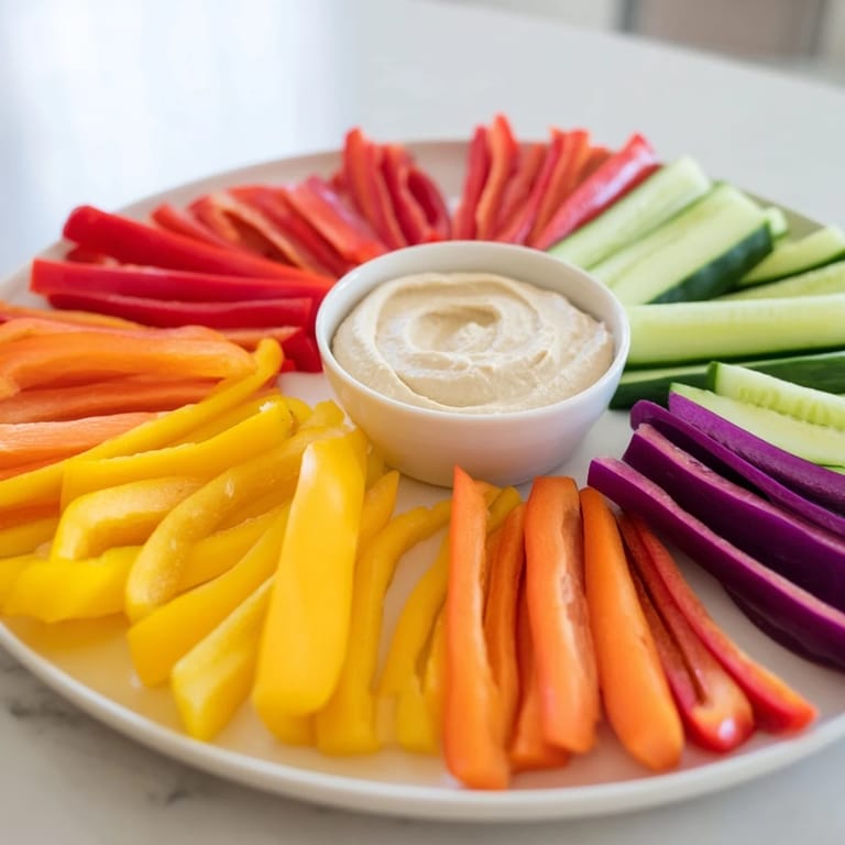 Fresh Rainbow Arch Veggie Sticks, a vibrant veggie platter with crisp bell peppers and cucumbers, ready to enjoy.