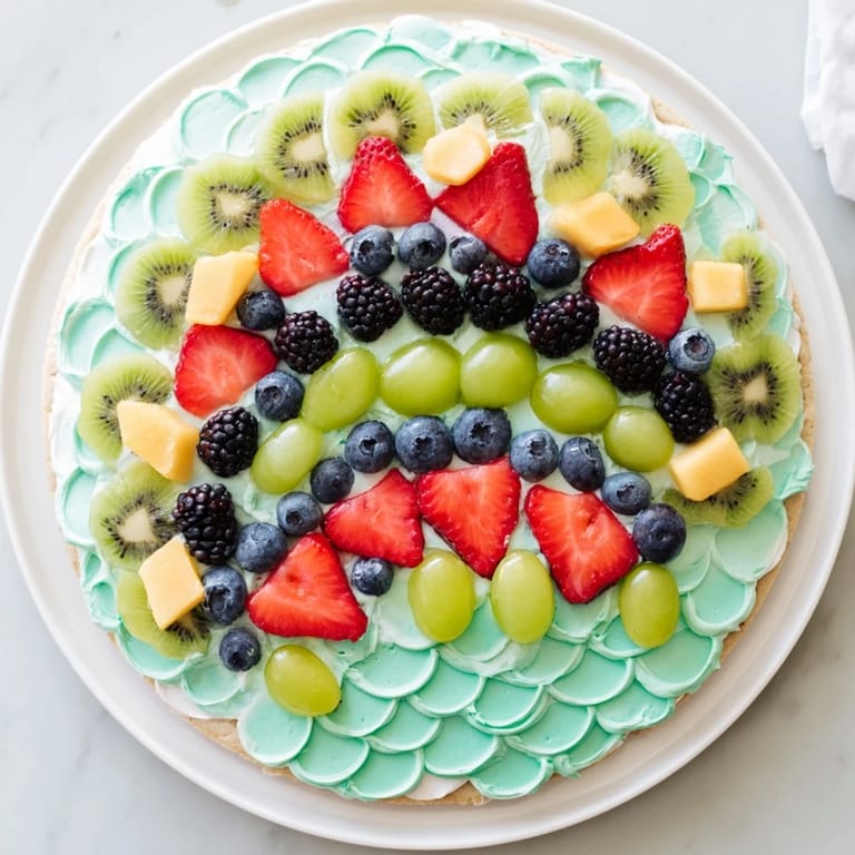 Sweet and refreshing Under the Sea: Mermaid Tail Fruit Pizza, a party dessert with a cookie crust.
