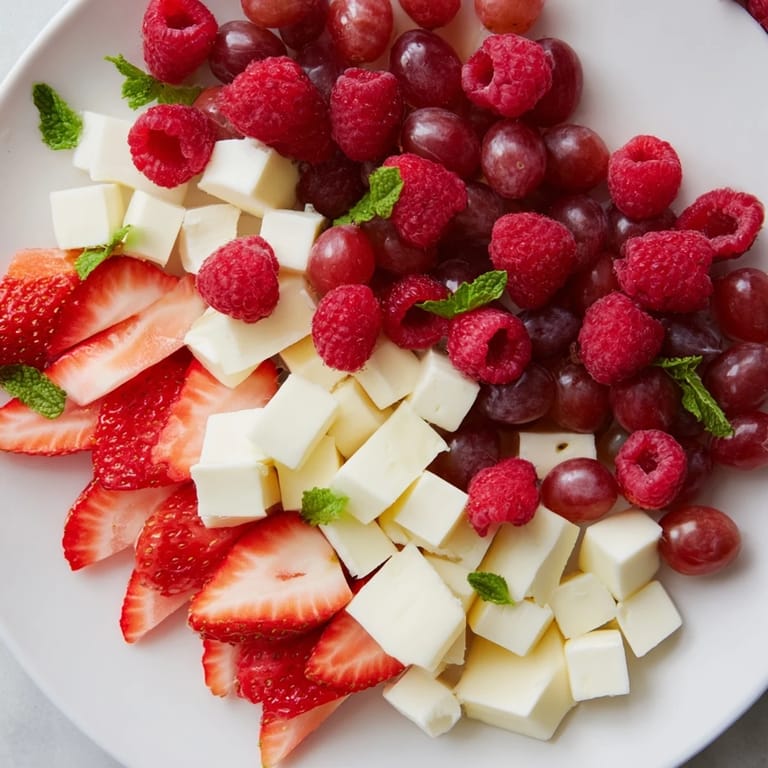 This easy candy cane stripe fruit and cheese combines red berries, grapes, and cheeses for a delightful, festive snacking experience.