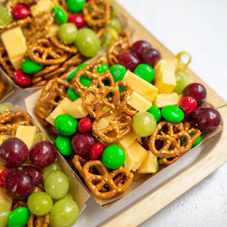 A beautiful holiday Stacked Christmas Gift Snack Tower, overflowing with savory snacks and sweet treats for a party.