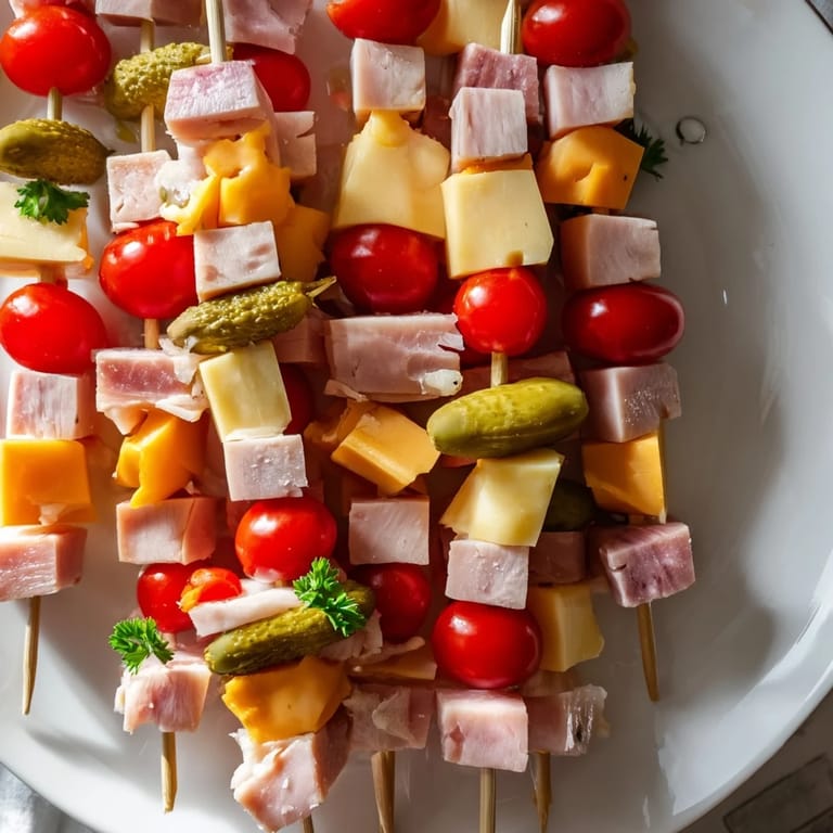 These Savory Skewers display tender ham and turkey with cheddar, Swiss, and tangy pickle cubes.
