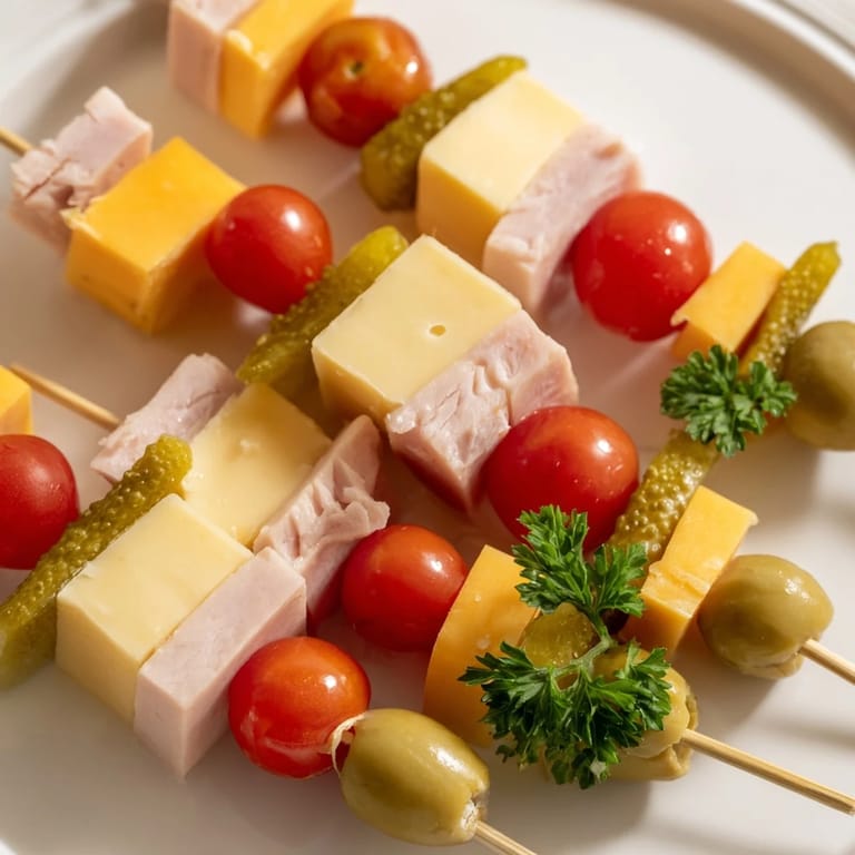 Bright red cherry tomatoes and green olives complement these delicious Savory Skewers, ready to eat!
