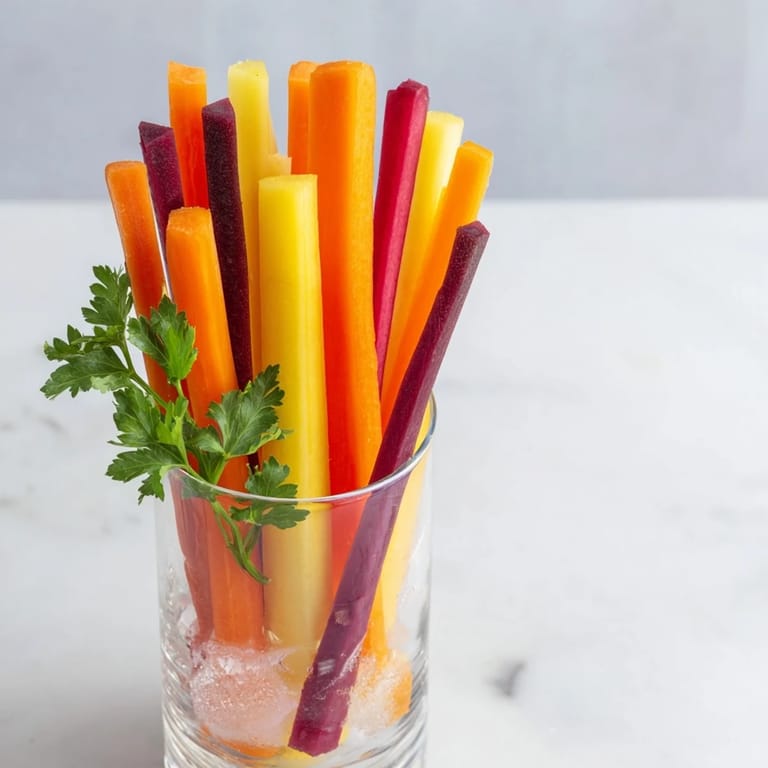 Vibrant rainbow carrot sticks in glasses, a healthy appetizer ready for dipping and enjoying.