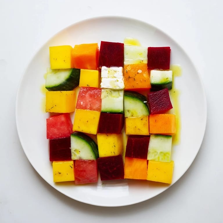Fresh Cube Geometry Study features crisp, colorful vegetables and feta cheese cubes ready to enjoy.