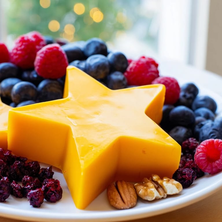 Vibrant Shooting Star Cheese Board arrangement: star-shaped cheese with a colorful tail of nuts and berries.