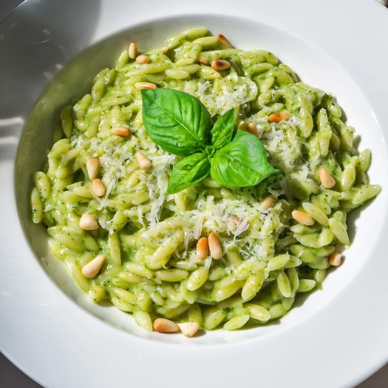 This quick and easy 15-Minute Creamy Pesto Risoni features golden pasta coated in pesto cream sauce.