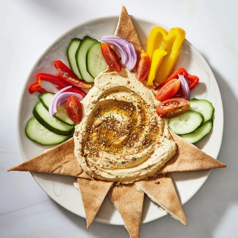Vibrant Moroccan Tent appetizer, showcasing fresh vegetables, flavorful dips, and warm pita bread for dipping.