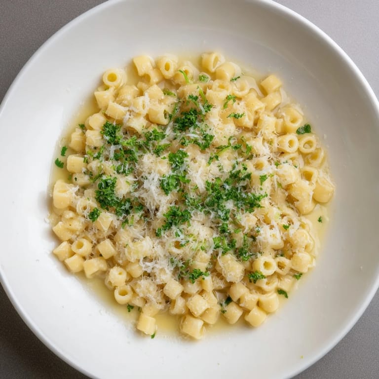 Golden garlic-infused butter coats the ditalini pasta, a simple one-pot meal, ready to eat.
