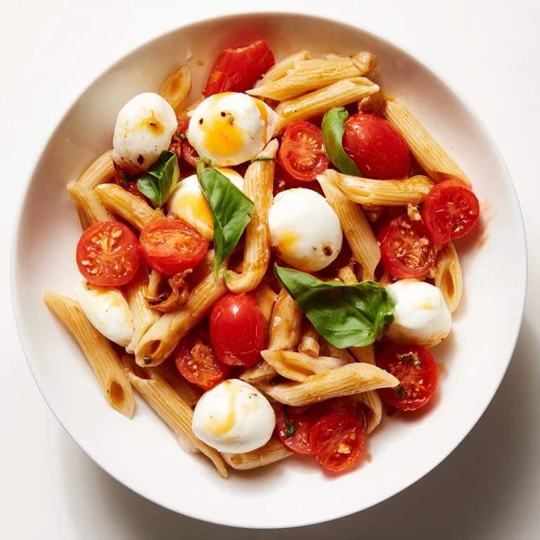 Enjoy this delicious Caprese Pasta Salad, showcasing perfectly cooked pasta with fresh ingredients, ready to eat.