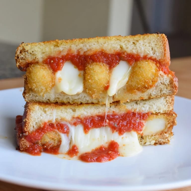 Crispy Mozzarella Stick Grilled Cheese, a melty, cheesy sandwich on a plate with marinara for dipping.